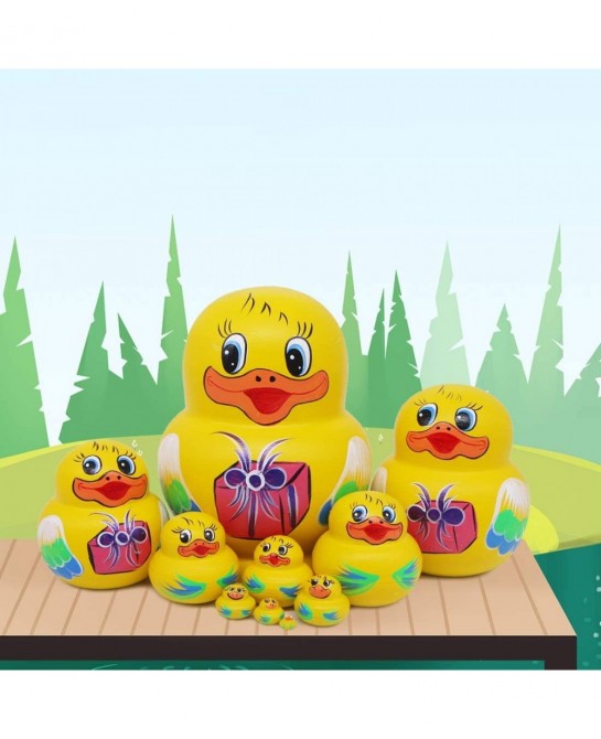 Set of 10 Big-Belly Yellow Duck Bringing Gifts Pattern Nesting Dolls Handmade Wooden Matryoshka Crafts Russian Doll for Kids ...