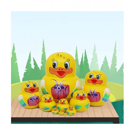 Set of 10 Big-Belly Yellow Duck Bringing Gifts Pattern Nesting Dolls Handmade Wooden Matryoshka Crafts Russian Doll for Kids ...
