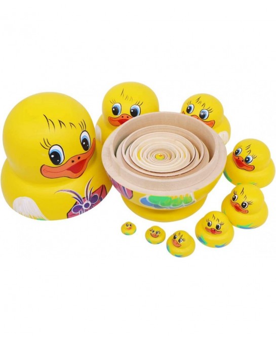 Set of 10 Big-Belly Yellow Duck Bringing Gifts Pattern Nesting Dolls Handmade Wooden Matryoshka Crafts Russian Doll for Kids ...