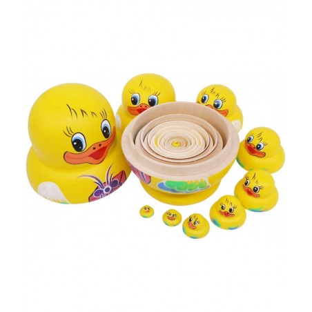 Set of 10 Big-Belly Yellow Duck Bringing Gifts Pattern Nesting Dolls Handmade Wooden Matryoshka Crafts Russian Doll for Kids ...