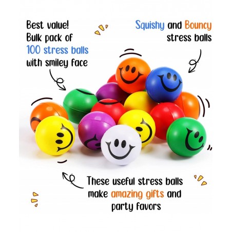 100 Pcs 1.2 Inch Mini Stress Balls Bulk Smile Face Stress Balls Neon Colored Small Stress Relief Foam Balls for Kids and Adul...