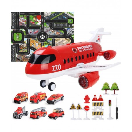 Red Airplane Toy Set Rescue Fire Truck Toy Lights and Sound for Kids Gift Ambulance Car Toy Transport Vehicles for Boy 3-6 Ye...
