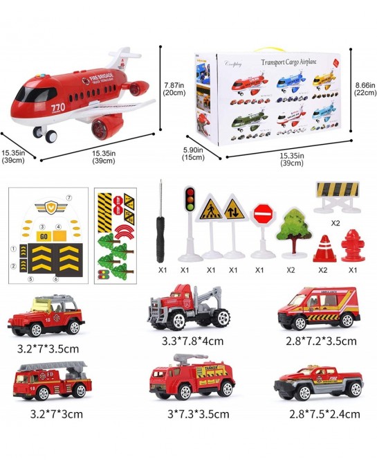 Red Airplane Toy Set Rescue Fire Truck Toy Lights and Sound for Kids Gift Ambulance Car Toy Transport Vehicles for Boy 3-6 Ye...
