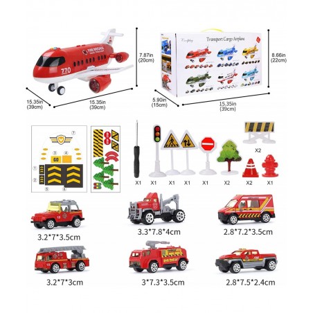 Red Airplane Toy Set Rescue Fire Truck Toy Lights and Sound for Kids Gift Ambulance Car Toy Transport Vehicles for Boy 3-6 Ye...