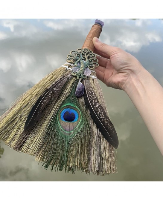 Witchcraft Supplies Set with Amethyst Crystal Magic Wand Amethyst Witch Broom Hanging Witch Altar Broom and Tarot Card Cloth ...