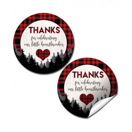 Our Little Heartbreaker Red and Black Buffalo Plaid Birthday Valentine Thank You Sticker Labels for Kids 40 2" Party Circle S...