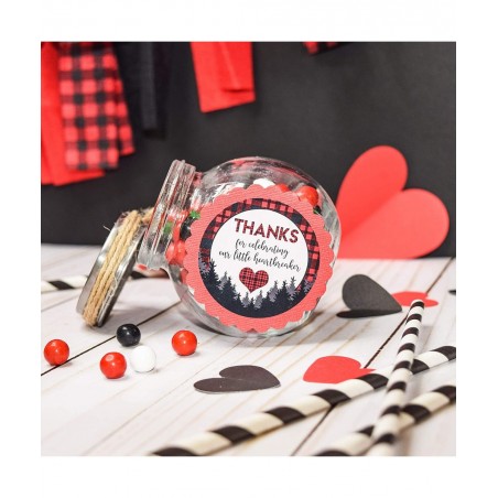Our Little Heartbreaker Red and Black Buffalo Plaid Birthday Valentine Thank You Sticker Labels for Kids 40 2" Party Circle S...