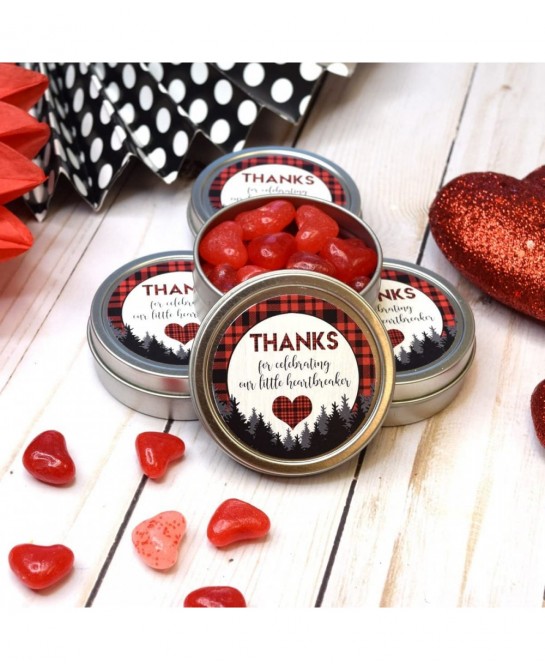 Our Little Heartbreaker Red and Black Buffalo Plaid Birthday Valentine Thank You Sticker Labels for Kids 40 2" Party Circle S...