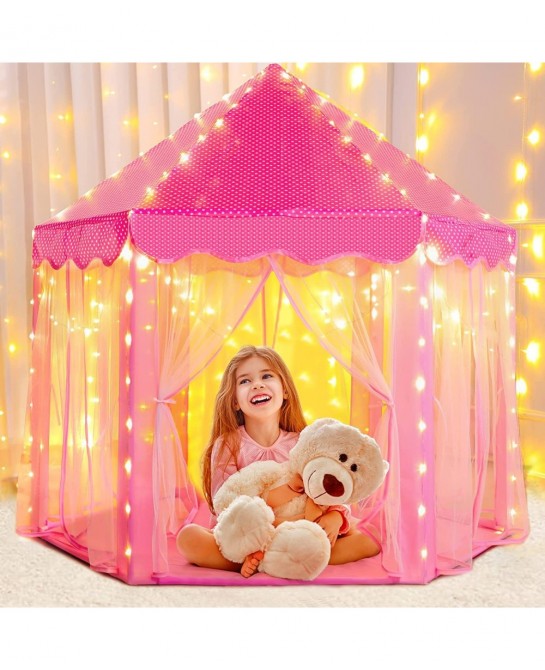 Princess Castle Play Tent for Girls Girls Play Tent with Lights - Pink Kids Playhouse Tent Indoor Outdoor Games - Hexagon Chi...