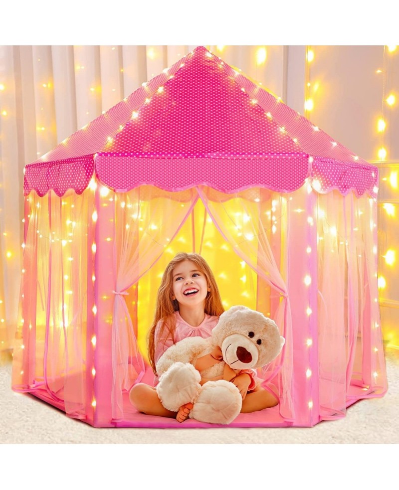 Princess Castle Play Tent for Girls Girls Play Tent with Lights - Pink Kids Playhouse Tent Indoor Outdoor Games - Hexagon Chi...