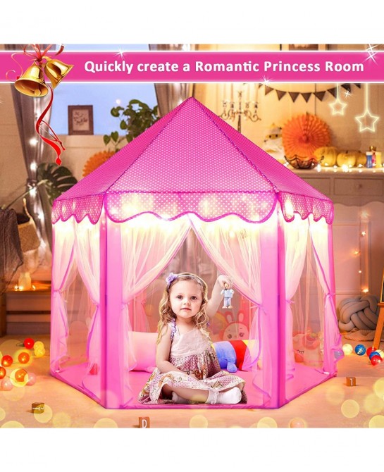 Princess Castle Play Tent for Girls Girls Play Tent with Lights - Pink Kids Playhouse Tent Indoor Outdoor Games - Hexagon Chi...