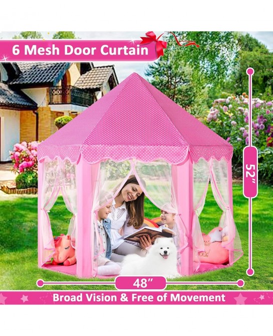 Princess Castle Play Tent for Girls Girls Play Tent with Lights - Pink Kids Playhouse Tent Indoor Outdoor Games - Hexagon Chi...