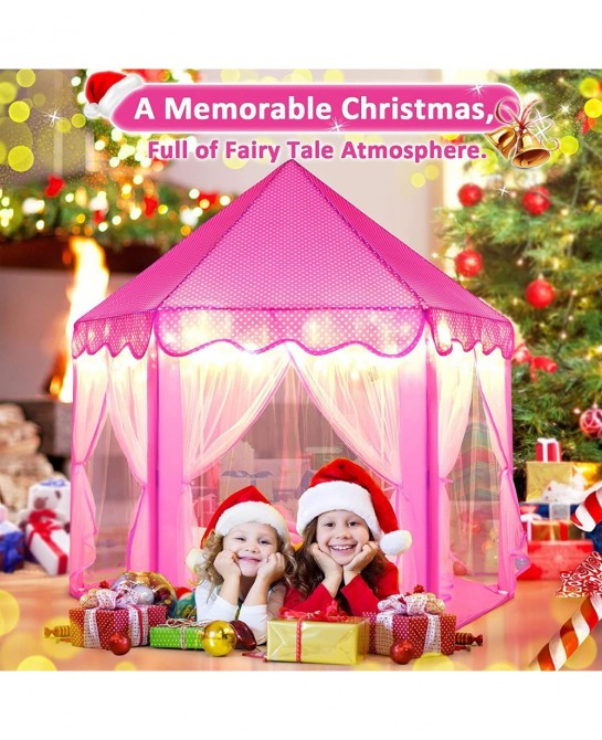 Princess Castle Play Tent for Girls Girls Play Tent with Lights - Pink Kids Playhouse Tent Indoor Outdoor Games - Hexagon Chi...