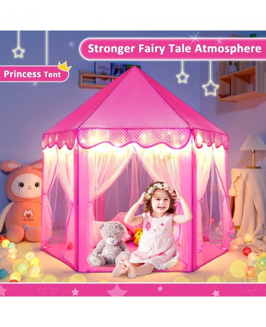Princess Castle Play Tent for Girls Girls Play Tent with Lights - Pink Kids Playhouse Tent Indoor Outdoor Games - Hexagon Chi...