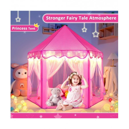 Princess Castle Play Tent for Girls Girls Play Tent with Lights - Pink Kids Playhouse Tent Indoor Outdoor Games - Hexagon Chi...
