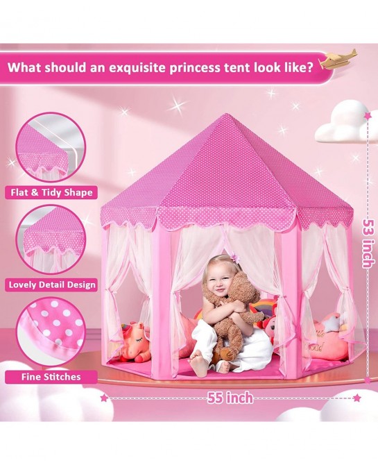 Princess Castle Play Tent for Girls Girls Play Tent with Lights - Pink Kids Playhouse Tent Indoor Outdoor Games - Hexagon Chi...
