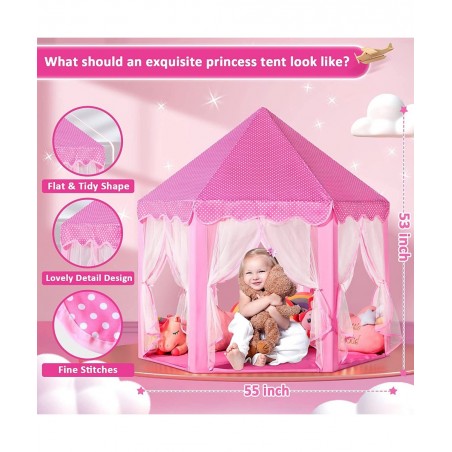 Princess Castle Play Tent for Girls Girls Play Tent with Lights - Pink Kids Playhouse Tent Indoor Outdoor Games - Hexagon Chi...