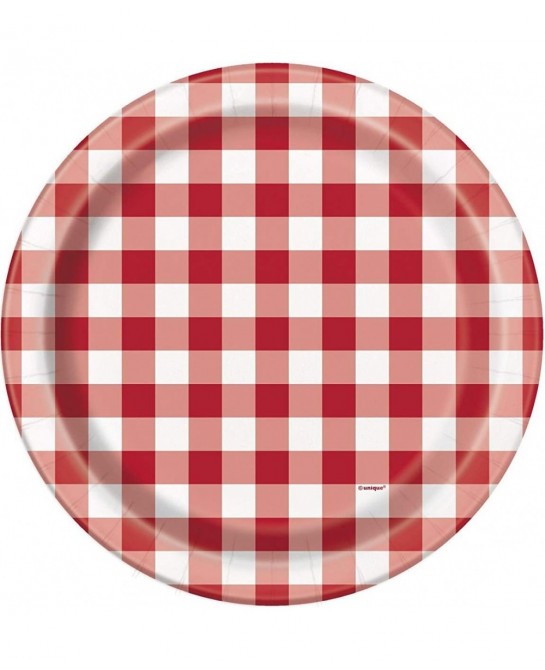 Gingham Round Dinner Plates - 9" | Red & White | 8 Pcs $15.19 Kids' Party Tableware