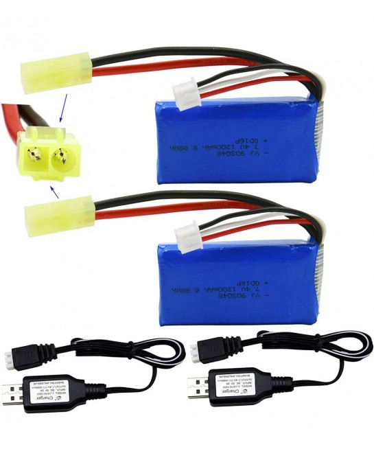 2 Pack 7.4V 1200mAh 8.88Wh Li-PO Battery and 2 USB Charger Cable Replacement for 1/18 Scale 9310 9300 9301E 9302E 9303E 9304E...