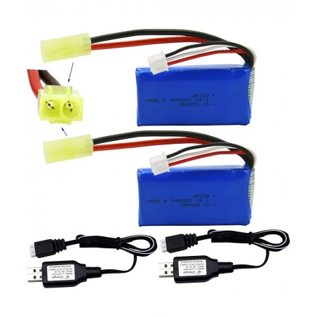 2 Pack 7.4V 1200mAh 8.88Wh Li-PO Battery and 2 USB Charger Cable Replacement for 1/18 Scale 9310 9300 9301E 9302E 9303E 9304E...
