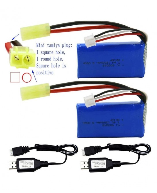 2 Pack 7.4V 1200mAh 8.88Wh Li-PO Battery and 2 USB Charger Cable Replacement for 1/18 Scale 9310 9300 9301E 9302E 9303E 9304E...