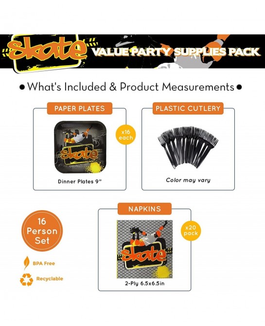 Skate Dinner Value Pack (60 Pieces for 16 Guests) - Skate Party Skates Decorations Skate Party Plates and Napkins Skateboards...