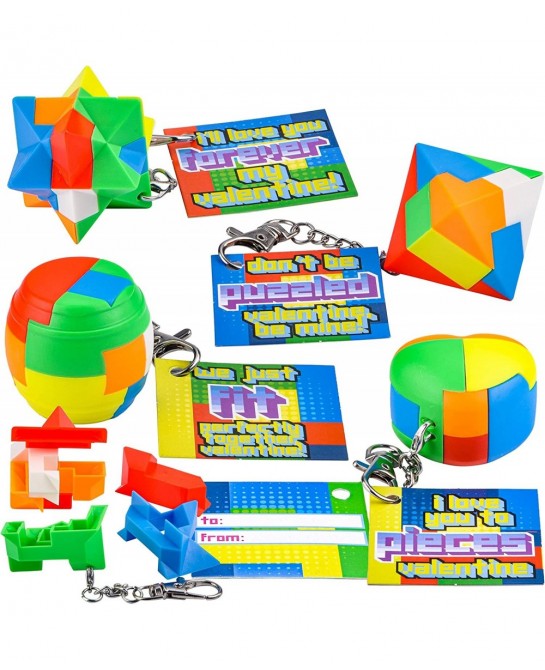 28 Pcs Valentines Day Cards with IQ Puzzles Puzzle Games Brain Teasers Keychain Stress Relief Fidget Puzzle Toy for Kids Vale...
