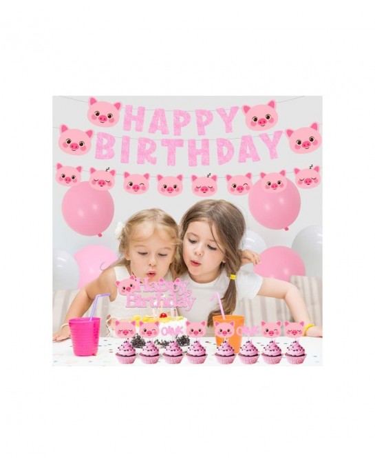 Pig Birthday Party Decorations Supplies Pink Pig Happy Birthday Banner Garland Cake Toppers Walking Pig Balloons for Girls Bi...
