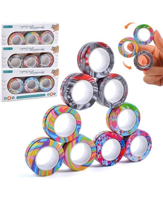 9Pcs Magnetic Ring Fidget Toys Fidget Toy Pack Stress Relief Magnetic Rings ADHD Anxiety Relief Decompression Finger Magnetic...