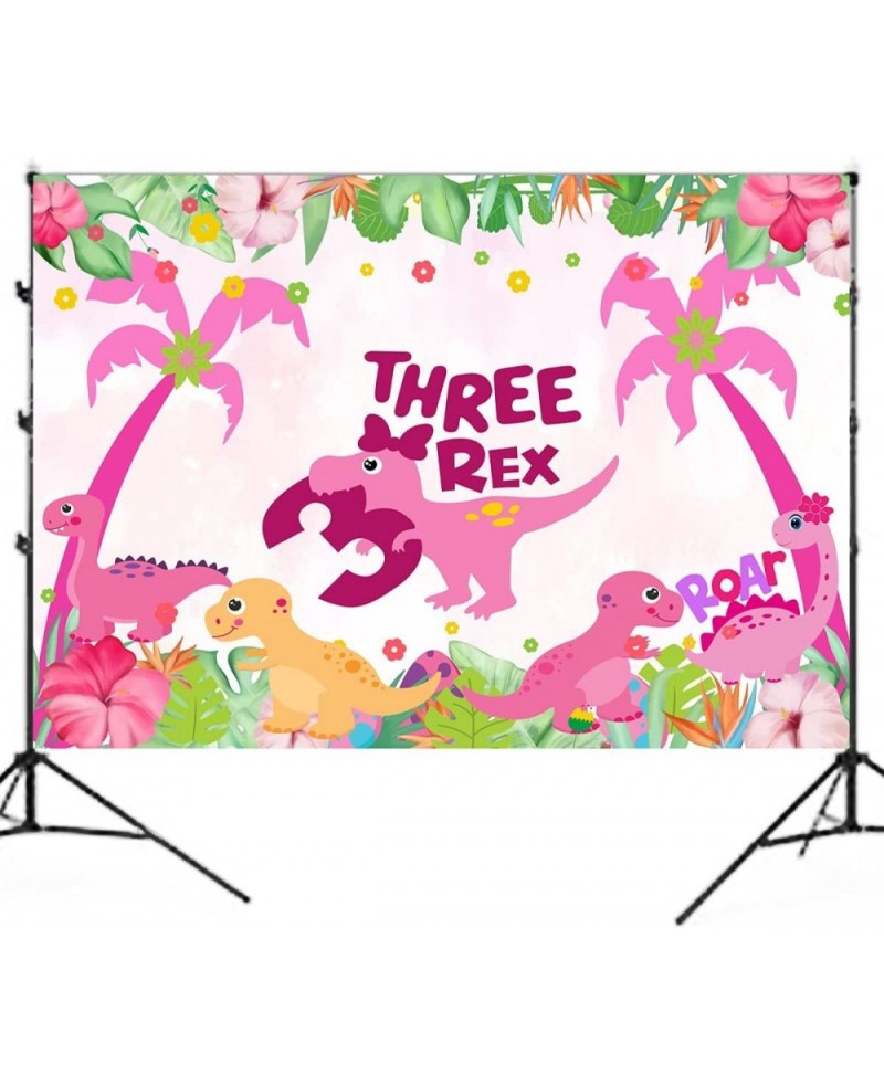 5ft*3ft Dinosaur Birthday Party Photo Backdrop Three Dino-Rex Birthday Party Decorations Girl Pink Dino 3rd Birthday Party De...