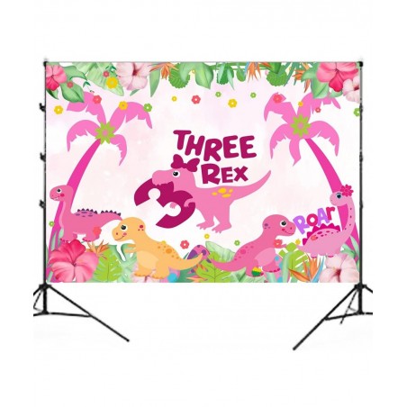 5ft*3ft Dinosaur Birthday Party Photo Backdrop Three Dino-Rex Birthday Party Decorations Girl Pink Dino 3rd Birthday Party De...