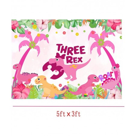 5ft*3ft Dinosaur Birthday Party Photo Backdrop Three Dino-Rex Birthday Party Decorations Girl Pink Dino 3rd Birthday Party De...