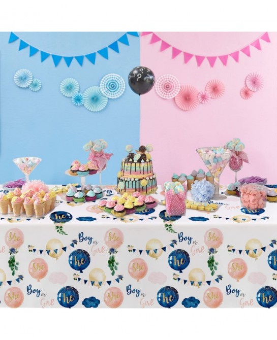 Gender Reveal Tablecloth - Disposable Boy or Girl Gender Reveal Party Table Cover Supplies Navy Blue and Pink Gender Reveal T...