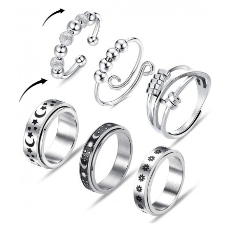 Spinner Rings for Women Men-6pcs Anxiety Rings Fidget Band Rings Set for Anxiety Adjustable Open Rings Silver Flower/Sun/Moon...
