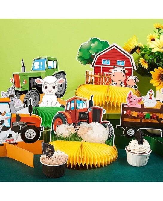 12 Pcs Tractor Farm Party Decorations Tractor Honeycomb Table Centerpiece Tractor Birthday Party Supplies Animal Farmer Table...