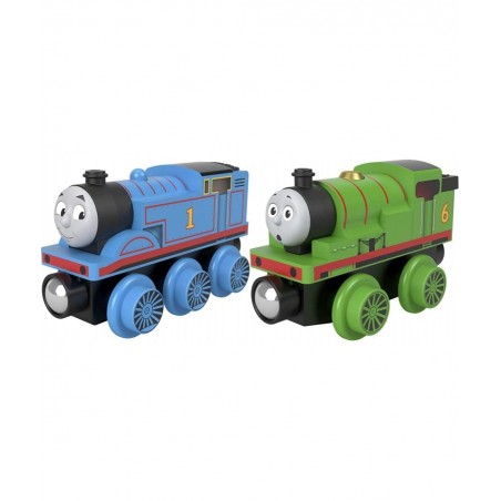 Wooden Railway Thomas Engine with Wood Percy Engine Bundle Push-Along Toy Trains Made from Sustainably Sourced Wood for Toddl...