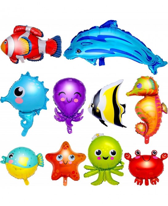 10 Pieces Ocean Animals Foil Balloons Large Ocean Animals Balloons Cartoon Fish Balloons Foil Balloons for Boys and Girls Bir...