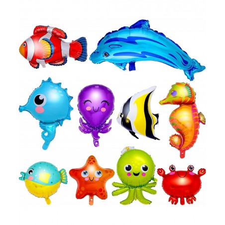 10 Pieces Ocean Animals Foil Balloons Large Ocean Animals Balloons Cartoon Fish Balloons Foil Balloons for Boys and Girls Bir...