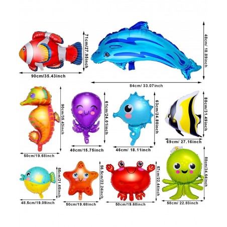 10 Pieces Ocean Animals Foil Balloons Large Ocean Animals Balloons Cartoon Fish Balloons Foil Balloons for Boys and Girls Bir...