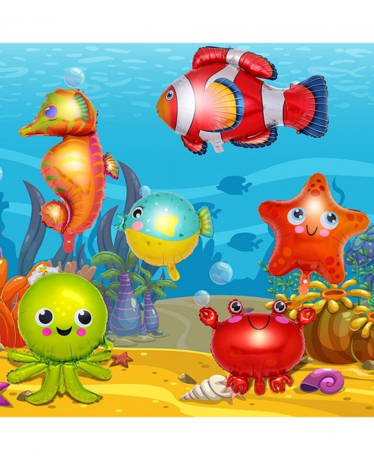 10 Pieces Ocean Animals Foil Balloons Large Ocean Animals Balloons Cartoon Fish Balloons Foil Balloons for Boys and Girls Bir...