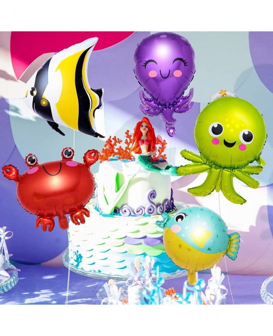 10 Pieces Ocean Animals Foil Balloons Large Ocean Animals Balloons Cartoon Fish Balloons Foil Balloons for Boys and Girls Bir...