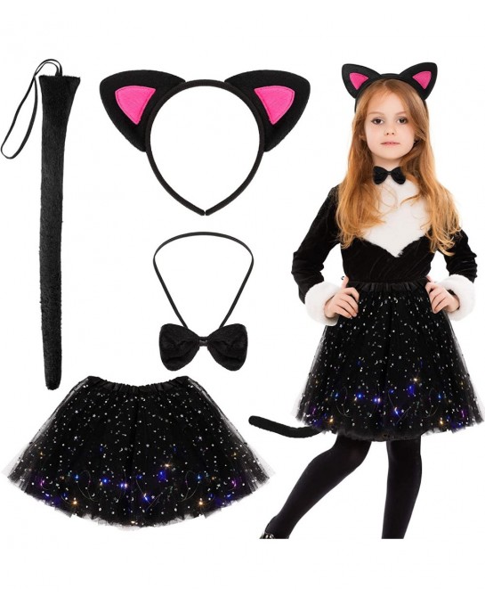 Cat Costume Set Includes Cat Ears and Tail Set LED Light Tutu Skirt Bowtie Headband Kitten Costume for Girls Cosplay Dress Pa...