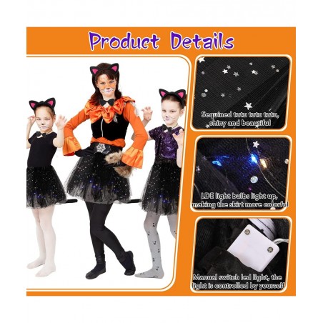 Cat Costume Set Includes Cat Ears and Tail Set LED Light Tutu Skirt Bowtie Headband Kitten Costume for Girls Cosplay Dress Pa...