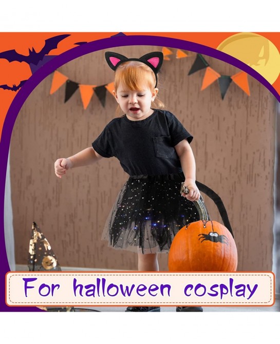 Cat Costume Set Includes Cat Ears and Tail Set LED Light Tutu Skirt Bowtie Headband Kitten Costume for Girls Cosplay Dress Pa...