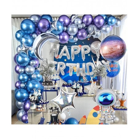 109PCS Outer Space Birthday Party Decoration Metallic Balloon Garland Arch Kit with Happy Birthday Galaxy Rocket Astronaut Mo...