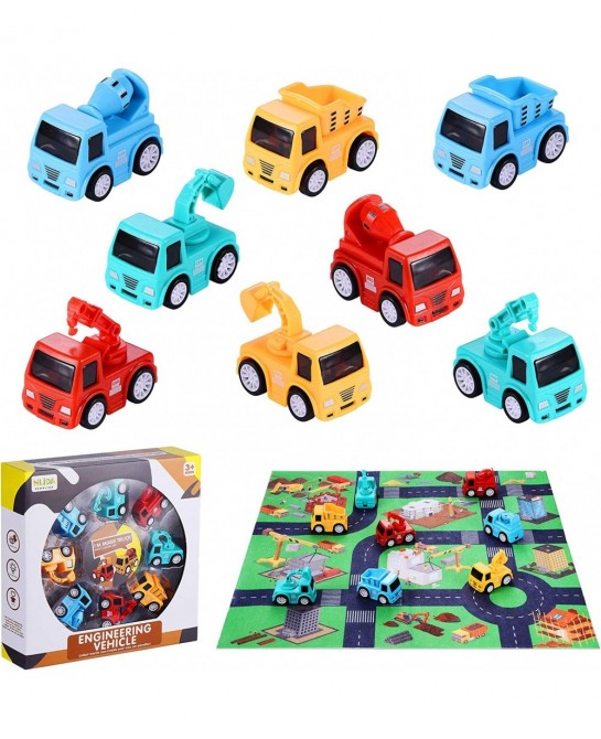 8 Pack Mini Cars Toys for Toddlers 2 3 Years Old Boys with Play Mat Friction Powered Construction Truck Toys for 2 Year Old B...