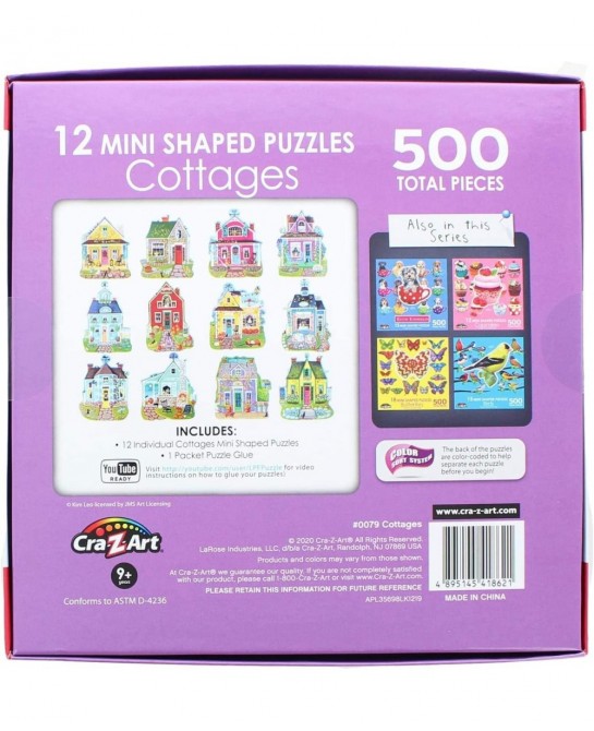 Sweet Cottages : A Collection of 12 Mini Shaped Puzzles Totaling 500 color coded pieces By Artist: Kim Leo $34.47 Board Games