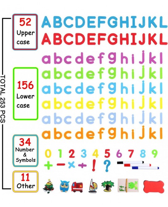 253 PCS Magnetic Letters and Numbers Kit with Double-Sided Magnetic Board and Storage Box Foam Alphabet ABC Refrigerator Magn...