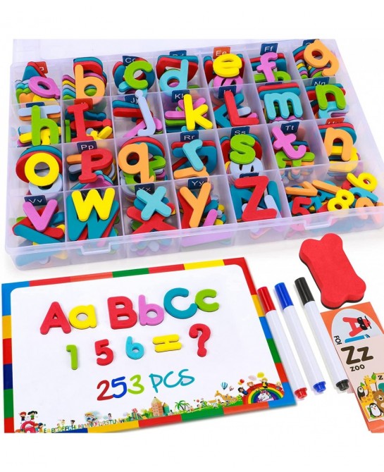 253 PCS Magnetic Letters and Numbers Kit with Double-Sided Magnetic Board and Storage Box Foam Alphabet ABC Refrigerator Magn...