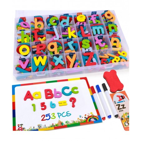 253 PCS Magnetic Letters and Numbers Kit with Double-Sided Magnetic Board and Storage Box Foam Alphabet ABC Refrigerator Magn...